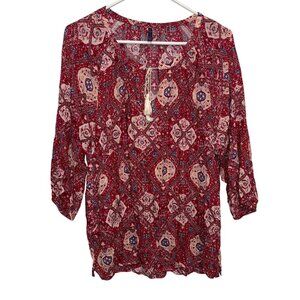NYDJ Womens Boho-Style Red & White Patterned Blouse W/ Tassel Front Tie Medium